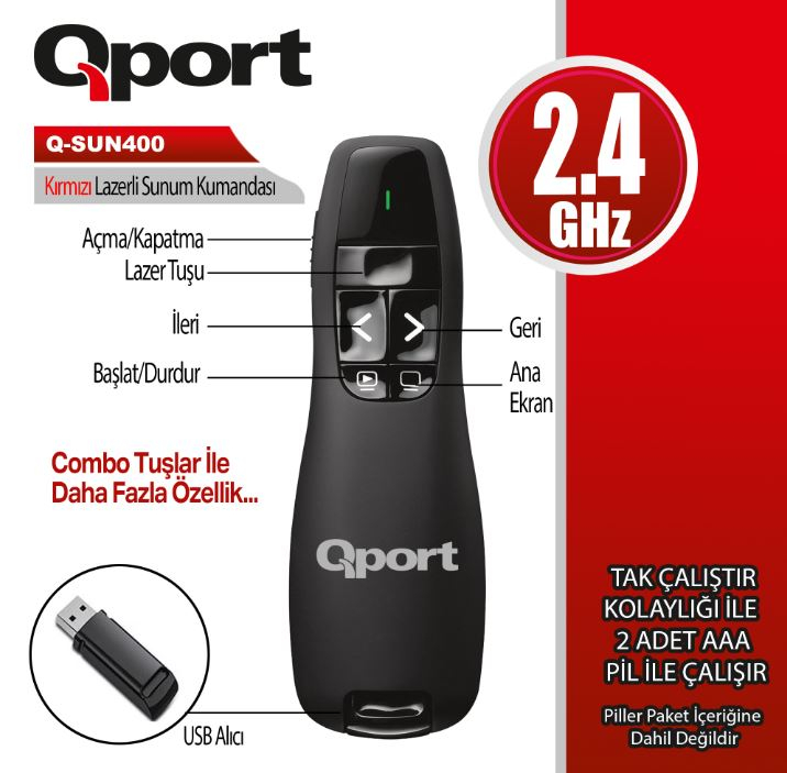 QPORT%20Q-SUN400%202.4%20GHZ%20USB%20KIRMIZI%20LAZERLİ%20SUNUM%20KUMANDASI%20-%20PRESENTER