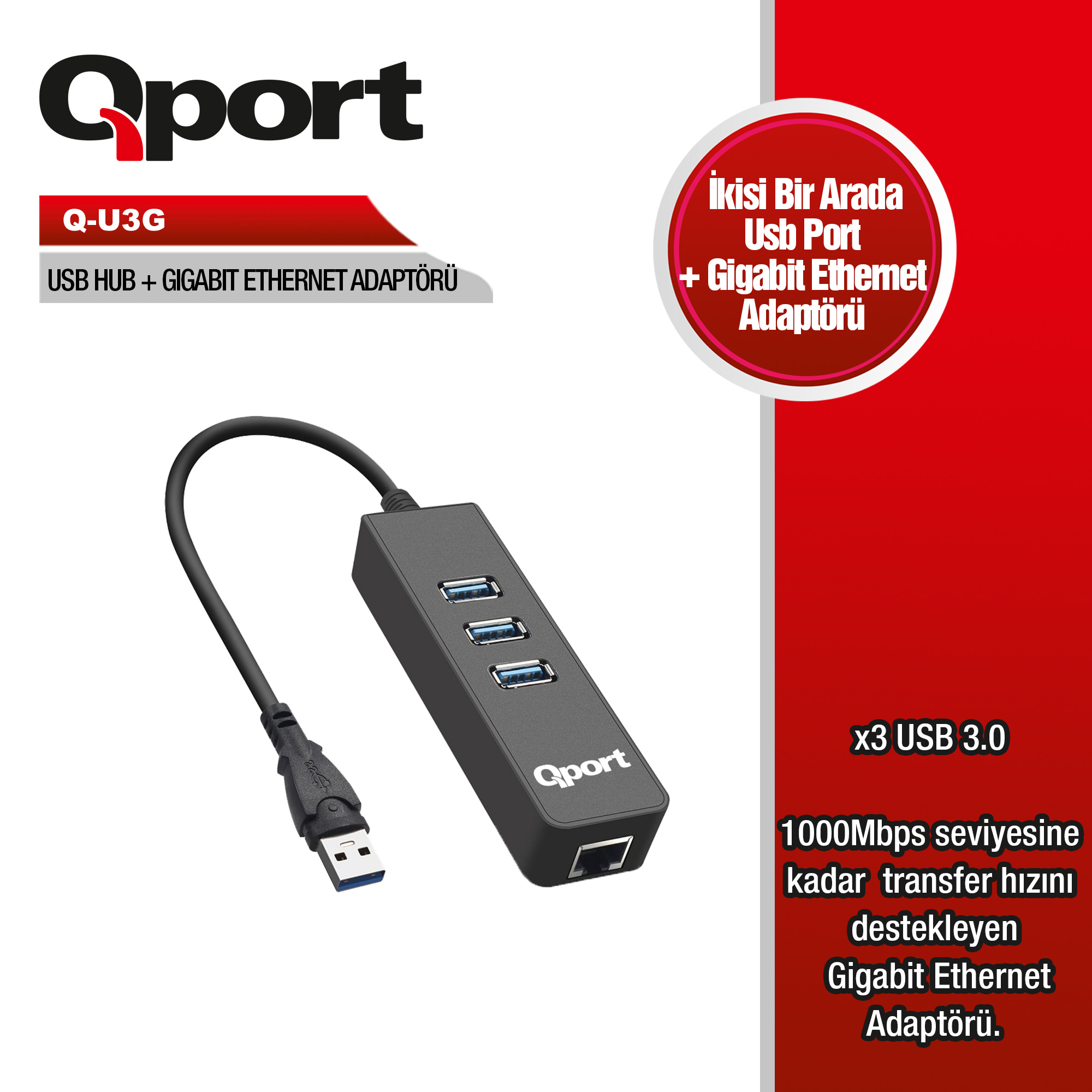 QPORT%20Q-U3G%20USB%203.0%20ÇOKLAYICI/GIGABIT%20ADAPTÖR